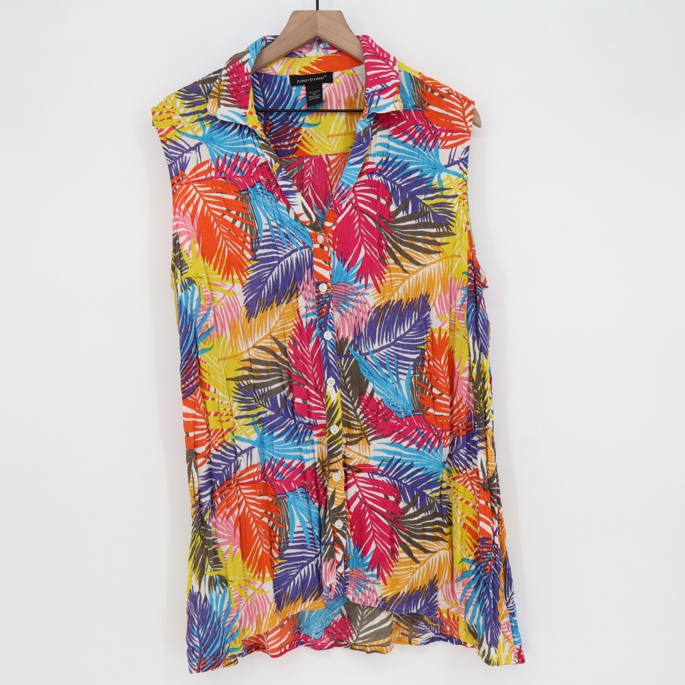 Ashley Stewart Sleeveless Top Womens 18 Tropical Palm Multicolor Button Down Exc
